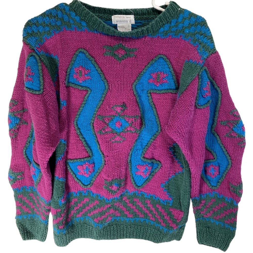 Vintage Susann D Sweater Womens Large One Size Green, Pink & Blue- Fun Colors!